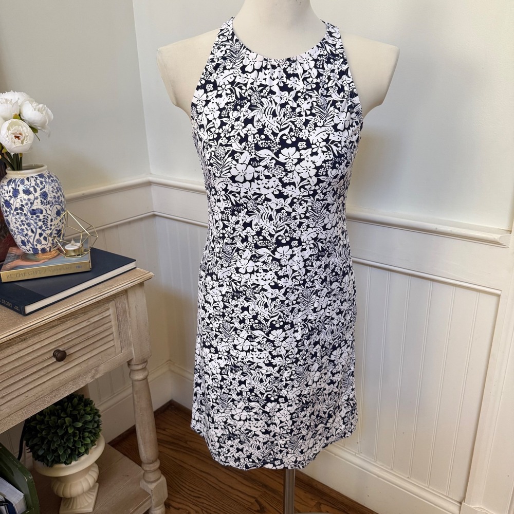 Tommy Bahama Navy White Floral Pineapple Halter Dress TSW50325C XS Tassel Back